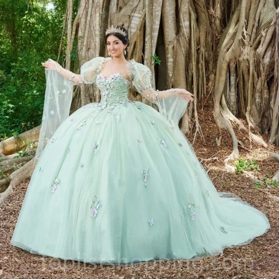 Light Green Shiny Off The Shoulder Quinceanera Dresses Tulle 3D Flower Beading Pageant Lace Up Vestidos De 15 Años