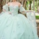 Light Green Shiny Off The Shoulder Quinceanera Dresses Tulle 3D Flower Beading Pageant Lace Up Vestidos De 15 Años