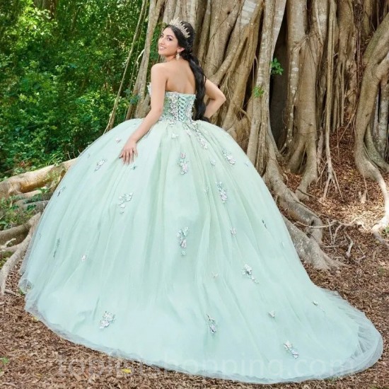 Light Green Shiny Off The Shoulder Quinceanera Dresses Tulle 3D Flower Beading Pageant Lace Up Vestidos De 15 Años