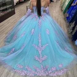 Light Green Shiny Off The Shoulder Quinceanera Dresses Tulle Appliques Beading Pageant Lace Up Vestidos De 15 Años