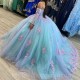 Light Green Shiny Off The Shoulder Quinceanera Dresses Tulle Appliques Beading Pageant Lace Up Vestidos De 15 Años