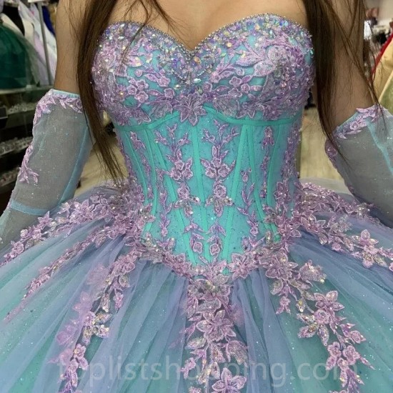 Light Green Shiny Off The Shoulder Quinceanera Dresses Tulle Appliques Beading Pageant Lace Up Vestidos De 15 Años