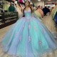 Light Green Shiny Off The Shoulder Quinceanera Dresses Tulle Appliques Beading Pageant Lace Up Vestidos De 15 Años