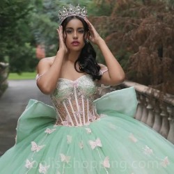 Light Green Shiny Puffy Princess Quinceanera Dresses Off The Shoulder Bow Corset Chapel Train Sweet 15 vestidos de