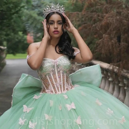 Light Green Shiny Puffy Princess Quinceanera Dresses Off The Shoulder Bow Corset Chapel Train Sweet 15 vestidos de