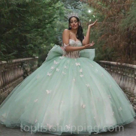 Light Green Shiny Puffy Princess Quinceanera Dresses Off The Shoulder Bow Corset Chapel Train Sweet 15 vestidos de