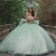 Light Green Shiny Puffy Princess Quinceanera Dresses Off The Shoulder Bow Corset Chapel Train Sweet 15 vestidos de