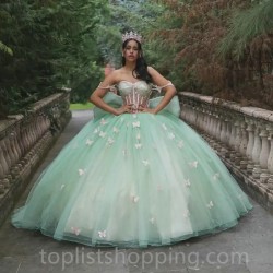 Light Green Shiny Puffy Princess Quinceanera Dresses Off The Shoulder Bow Corset Chapel Train Sweet 15 vestidos de