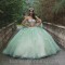 Light Green Shiny Puffy Princess Quinceanera Dresses Off The Shoulder Bow Corset Chapel Train Sweet 15 vestidos de