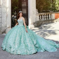 Light Green Spaghetti Strap Ball Gown Quinceanera Dresses Vestidos De 15 Anos Glitter Skirt Princess Party Gowns