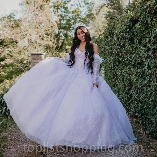 Off The Shoulder Lavender Quinceanera Dress Sweetheart Beads Crystal Feather Sequin Formal For 15 Girls Ball Gowns