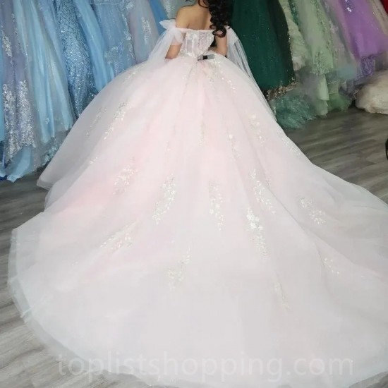 Light Pink Quinceanera Dresses Off The Shoulder Sweet 15 Gowns Applique Lace Bead Tull Vestidos De 15 Quinceañera