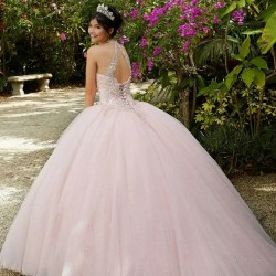 Light Pink Quinceanera Dresses Sweet 16 Ball Gown Halter Lace Beads Sequins Backless Princess Party Vestidos