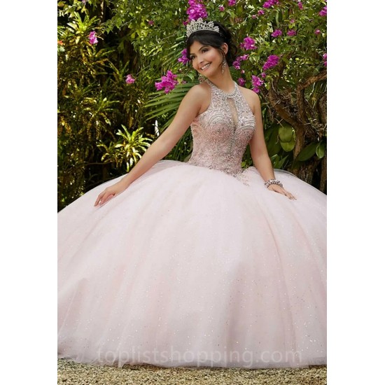 Light Pink Quinceanera Dresses Sweet 16 Ball Gown Halter Lace Beads Sequins Backless Princess Party Vestidos