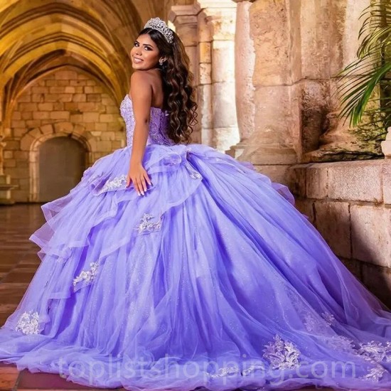 Lilac Ball Gown Quinceanera Dresses 3D Flower Appliques Lace Beading Cinderella 16 Princess Gowns