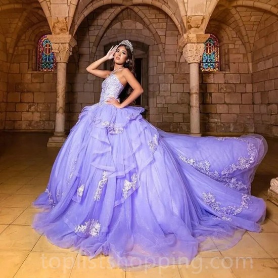 Lilac Ball Gown Quinceanera Dresses 3D Flower Appliques Lace Beading Cinderella 16 Princess Gowns