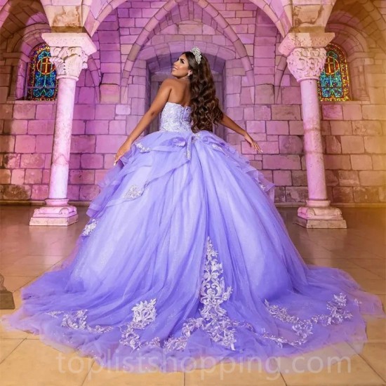 Lilac Ball Gown Quinceanera Dresses 3D Flower Appliques Lace Beading Cinderella 16 Princess Gowns