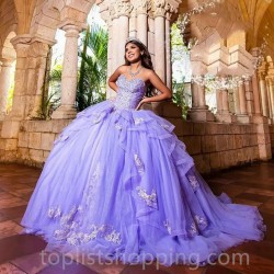 Lilac Ball Gown Quinceanera Dresses 3D Flower Appliques Lace Beading Cinderella 16 Princess Gowns