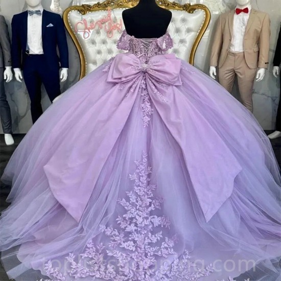 Lilac Ball Gowns Quinceanera Dresses Vestidos De Anos Floral Applique Lace With Bow Princess Birthday Party Dress