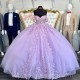 Lilac Ball Gowns Quinceanera Dresses Vestidos De Anos Floral Applique Lace With Bow Princess Birthday Party Dress