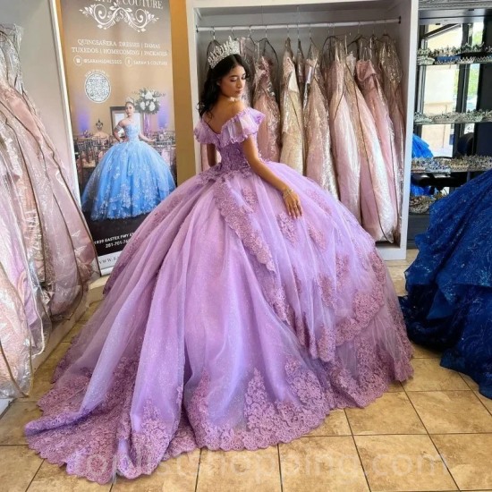 Lilac Charro Quinceanera Dresses Ball Gown Off The Shoulder Tulle Appliques Mexican Sweet 16 Dresses