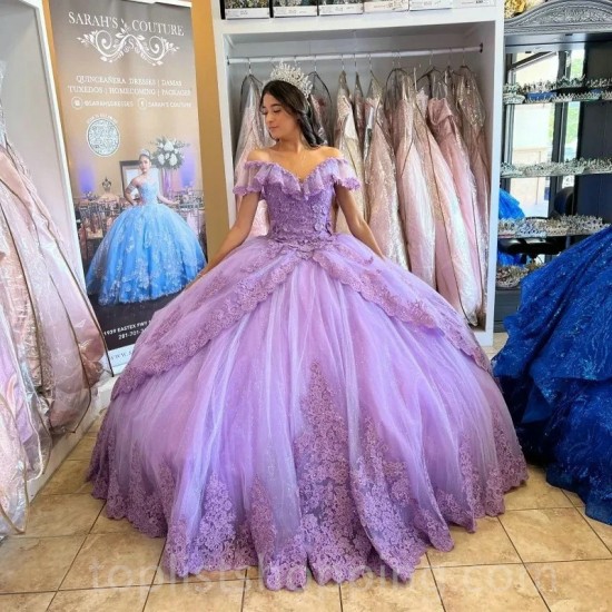 Lilac Charro Quinceanera Dresses Ball Gown Off The Shoulder Tulle Appliques Mexican Sweet 16 Dresses