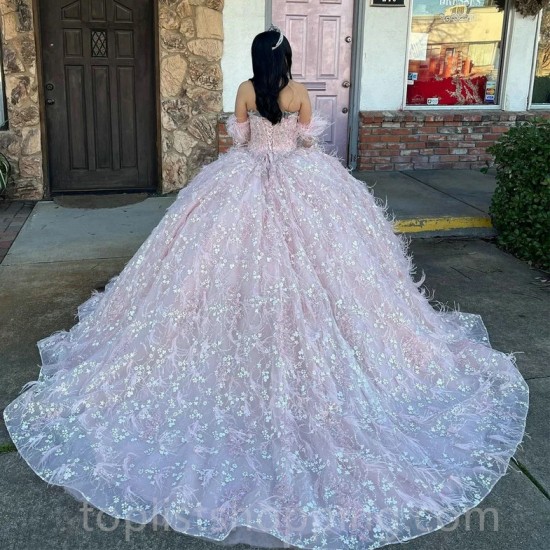 Lilac Charro Quinceanera Dresses Ball Gown Sweetheart Feather Beaded Sparkly Mexican Sweet 16 Dresses 15 Anos