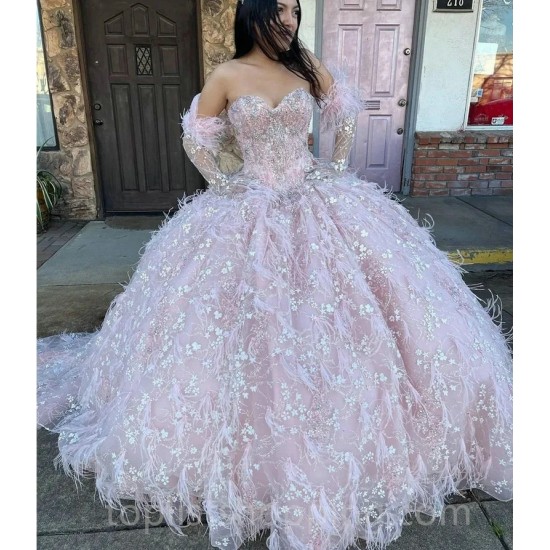 Lilac Charro Quinceanera Dresses Ball Gown Sweetheart Feather Beaded Sparkly Mexican Sweet 16 Dresses 15 Anos