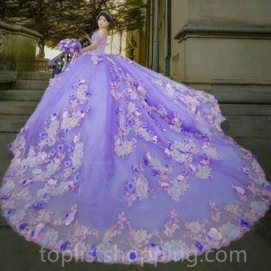 Lilac Floral Beading Crystal Quinceanera Dresses Ball Gown Sweet 15 Vestidos De Sweet 16 Gown