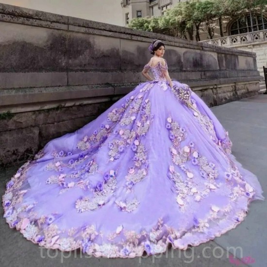 Lilac Floral Beading Crystal Quinceanera Dresses Ball Gown Sweet 15 Vestidos De Sweet 16 Gown