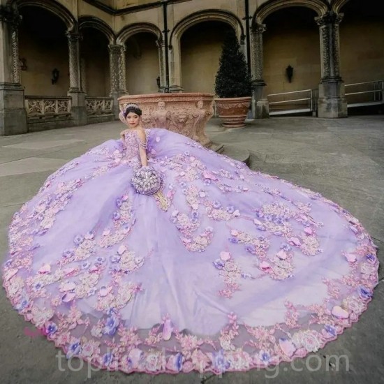 Lilac Floral Beading Crystal Quinceanera Dresses Ball Gown Sweet 15 Vestidos De Sweet 16 Gown