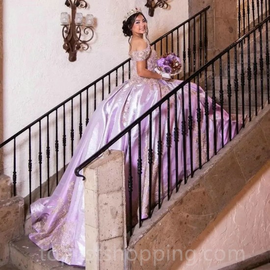 Lilac Lavender Princess Quinceanera Dress 2024 Ball Gown Appliques Beading Sweet 15 16 Dress Vestido De 15 Anos