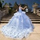 Lilac Off the Shoulder Ball Gown Tiered Beaded Appliques Crystal 3D Flower Quinceanera Dress