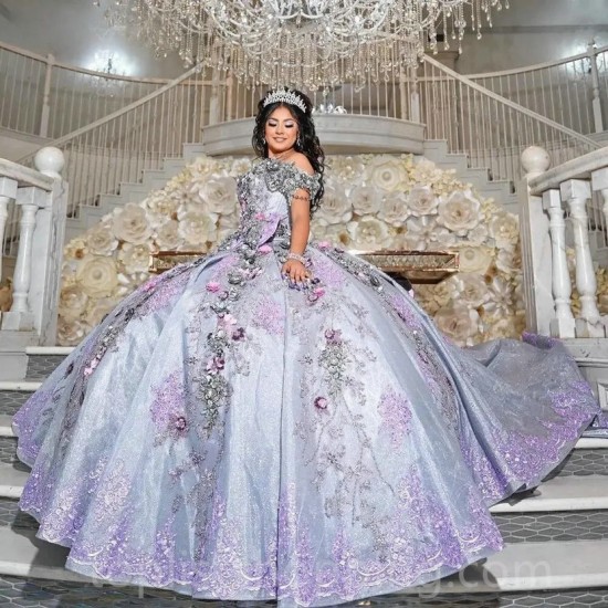 Lilac Purple Off The Shoulder Ball Gown Quinceanera Dress Beaded Prom Dresses Vestido De 15 Anos