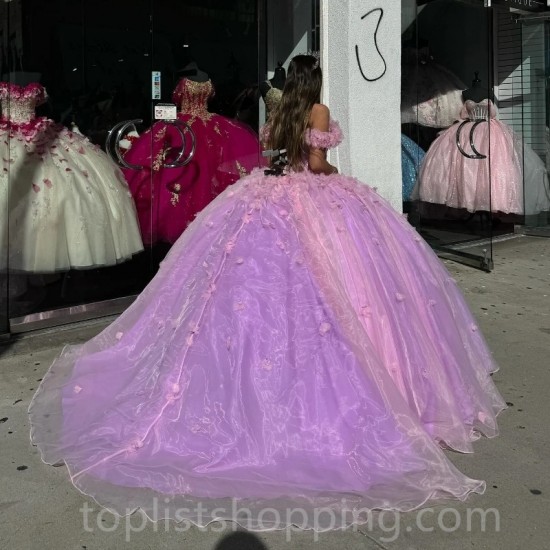 Lilac Quinceanera Dress Ball Gown Off The Shoulder 3D Flowers Beads Crystal Tull Corset Sweet 15 Vestidos De XV Años