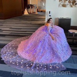 Lilac Quinceanera Dress with Cape 2024 Off Shoulder Butterfly Princess Party Gown Vestidos De 15 Años