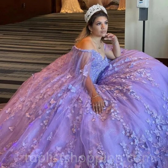 Lilac Quinceanera Dress with Cape 2024 Off Shoulder Butterfly Princess Party Gown Vestidos De 15 Años