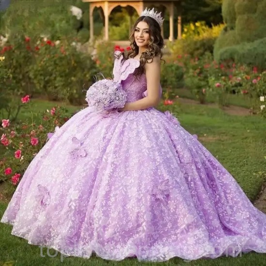 Lilac Sequined Lace 3D Butterfly Quinceanera Dresses Off The Shoulder Beading Corset Vestidos De 15 Años