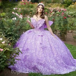 Lilac Sequined Lace 3D Butterfly Quinceanera Dresses Off The Shoulder Beading Corset Vestidos De 15 Años