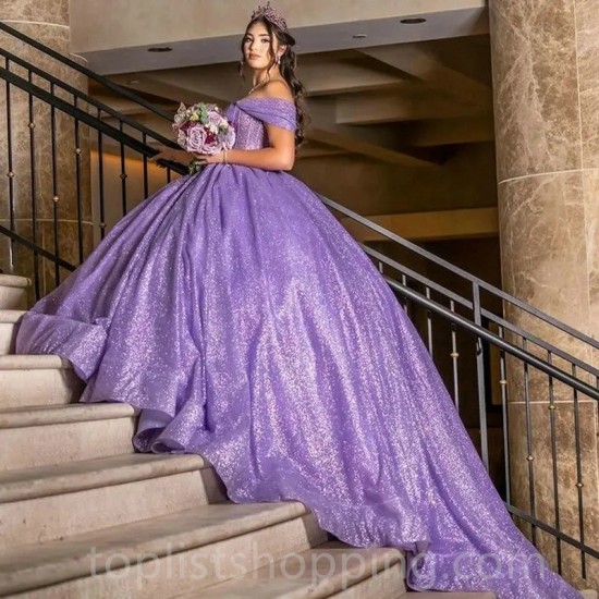 Lilac Sequins Quinceanera Dresses for 15 Year 2024 Ball Gown Sexy Sweetheart Off the Shoulder Long Party Dress