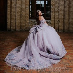 Lilac Shiny Quinceanera Dress Off Shoulder Corset Ball Gown Applique Lace Tull Sweet 16 Vestidos De 15 Años