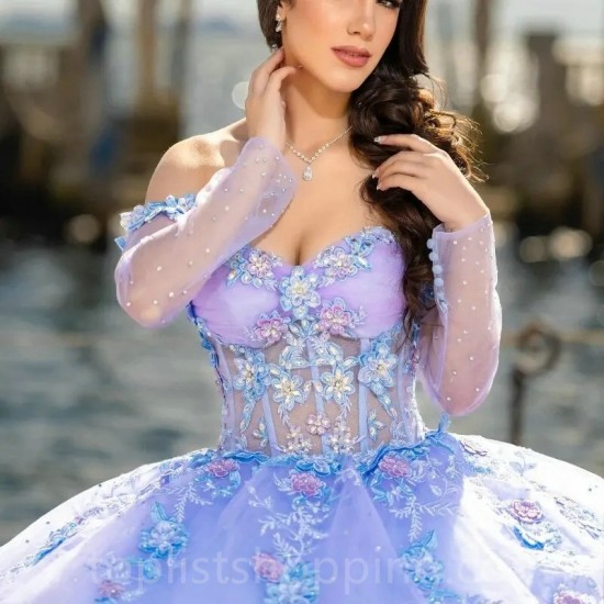 Lilac Shiny Quinceanera Dress Sweetheart Applique Lace Tull 2024 Ball Gown Sweep Train Prom Dress