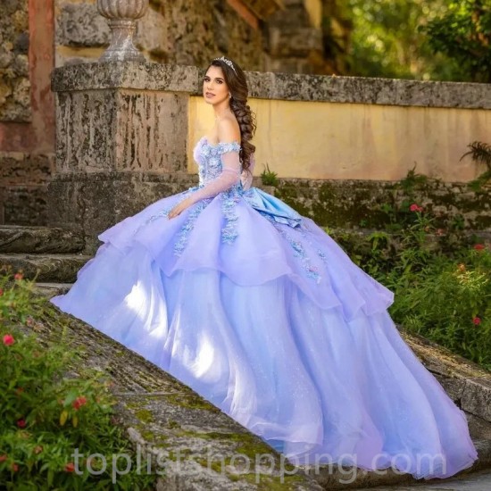 Lilac Shiny Quinceanera Dress Sweetheart Applique Lace Tull 2024 Ball Gown Sweep Train Prom Dress