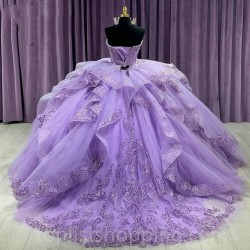 Lilac Sweetheart Ruffles Ball Gown Quinceanera Dress Sequined Appliques Lace Sweet 16 Corset Vestidos De 15 Años