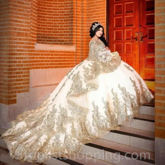 Long Sleeve Gold Quinceanera Dresses Beading Lace Applique Sequined Party Sweet 15 16 Dress Prom Evening Gowns