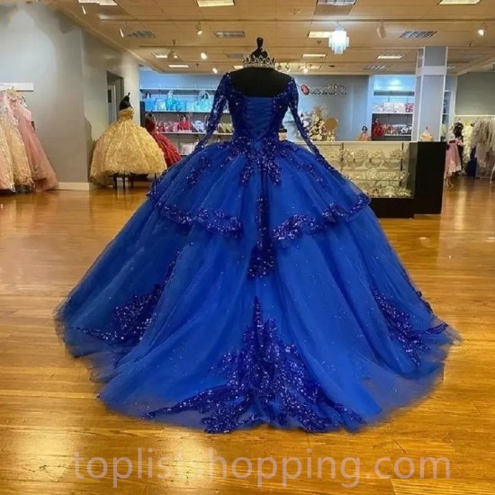 Blue Quinceanera Dresses Long Sleeves Ball Gown For 15 Party Glitter Lace Sweet 16 Formal Princess Birthday Gowns