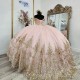 Luxury Pink Quinceanera Dress Ball Gown Tulle Gold Sequined Beads Crystal Sweet 15 16 Years Birthday Party Formal Dress