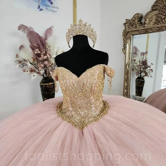 Luxury Pink Quinceanera Dress Ball Gown Tulle Gold Sequined Beads Crystal Sweet 15 16 Years Birthday Party Formal Dress