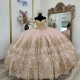 Luxury Pink Quinceanera Dress Ball Gown Tulle Gold Sequined Beads Crystal Sweet 15 16 Years Birthday Party Formal Dress