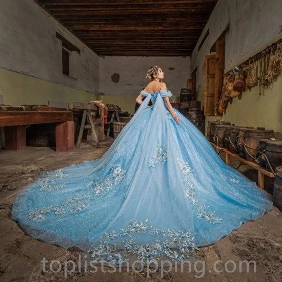 Luxury Beading Blue Quinceanera Dress Lace Applique With Cape Off Shoulder Sweet 16 Dress Vestidos 15 De XV Años